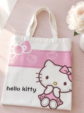 Hello Kitty w/ Pink Bow Extra Large White Canvas Tote Bag